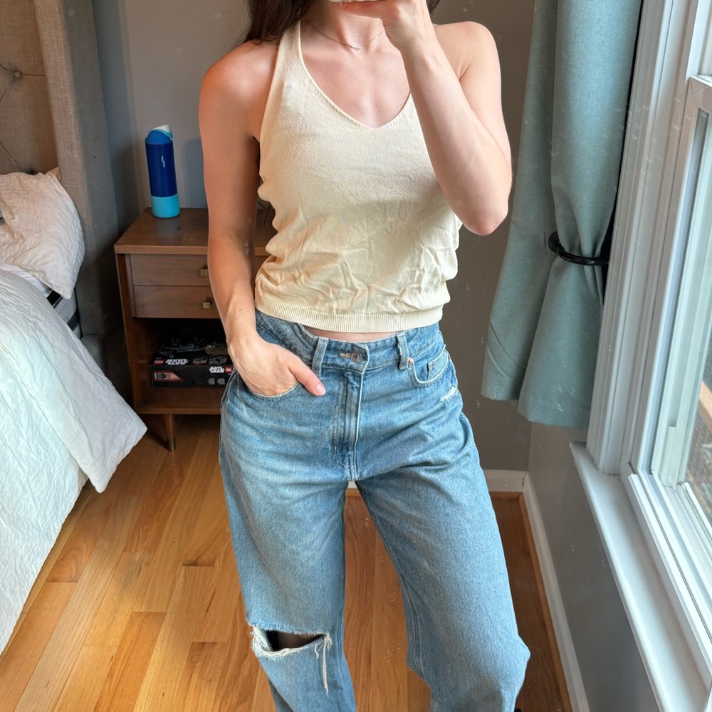 Unique European Cream Knit Halter Top Open Back for Summer